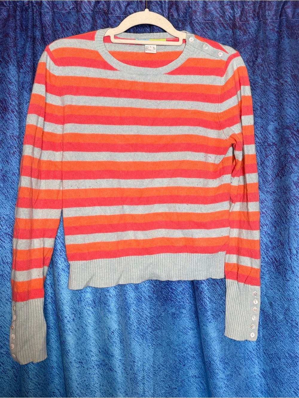 Beth Bowley Striped Crewneck Sweater in Coral, orange & Light Blue